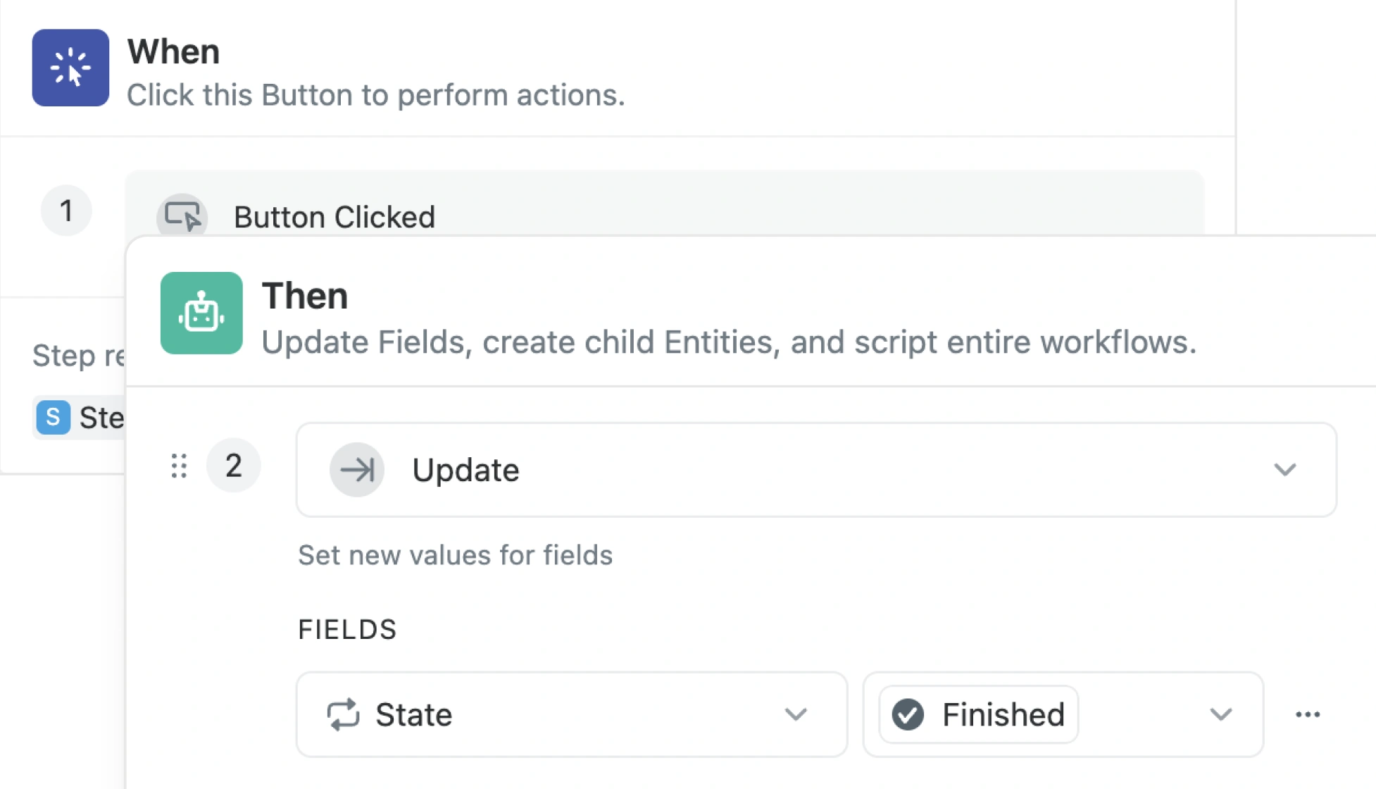 No-code automation setup in Fibery with a button click triggering an update to set a field value