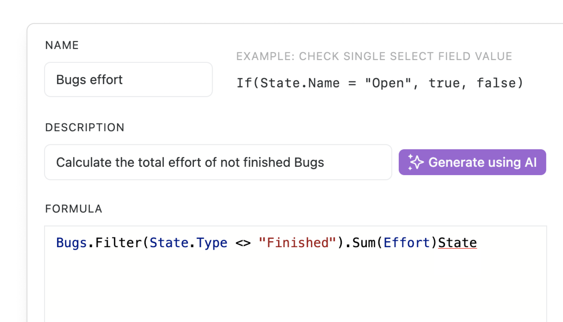 Example of a formula in Fibery that filters unfinished bugs and sums their effort, with AI assistance available